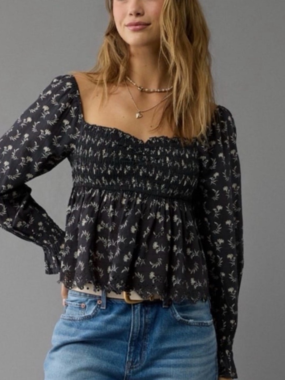 American Eagle XL Floral Smocked Peplum Blouse Peasant Sleeves Coquette Boho